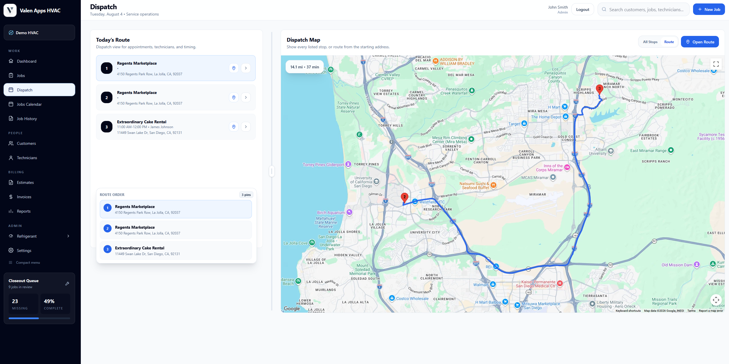 Valen Apps dispatch route with scheduled stops and an interactive map