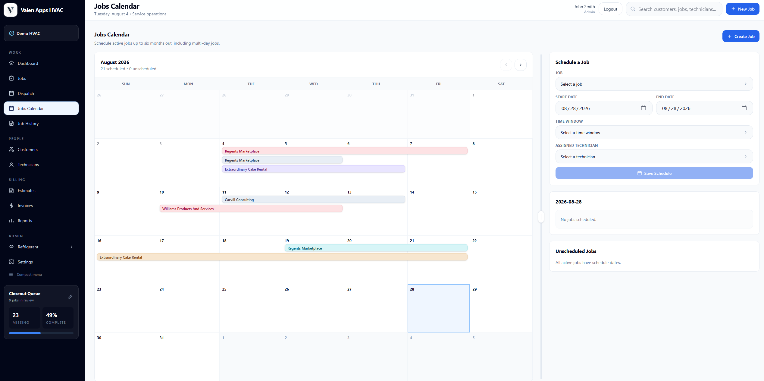 Valen Apps monthly job calendar and scheduling panel