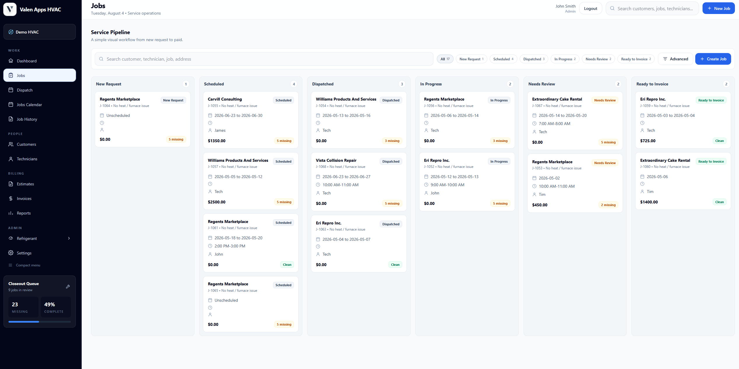 Valen Apps job pipeline with jobs organized by status