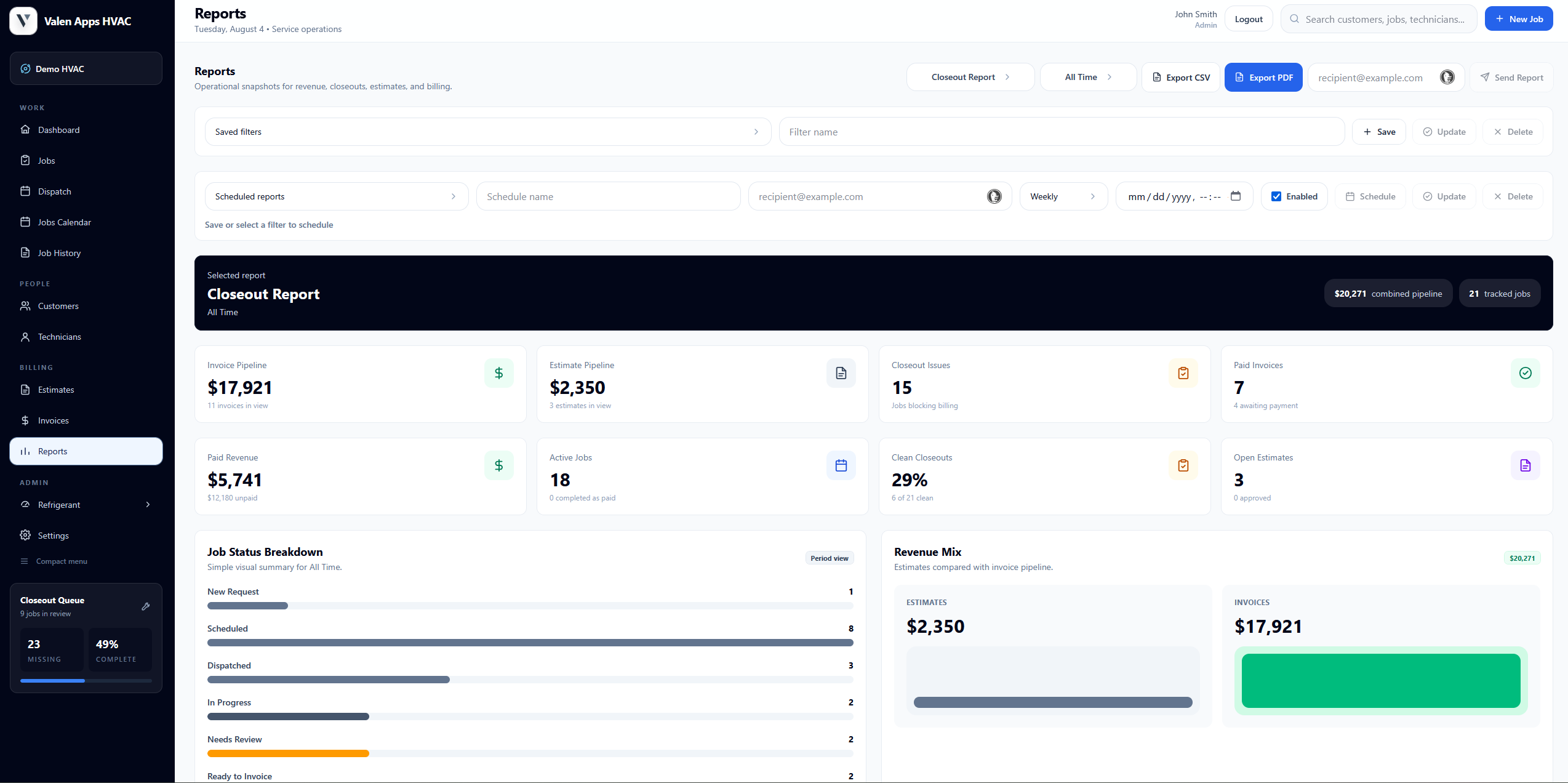 Valen Apps reports dashboard with operational and billing metrics